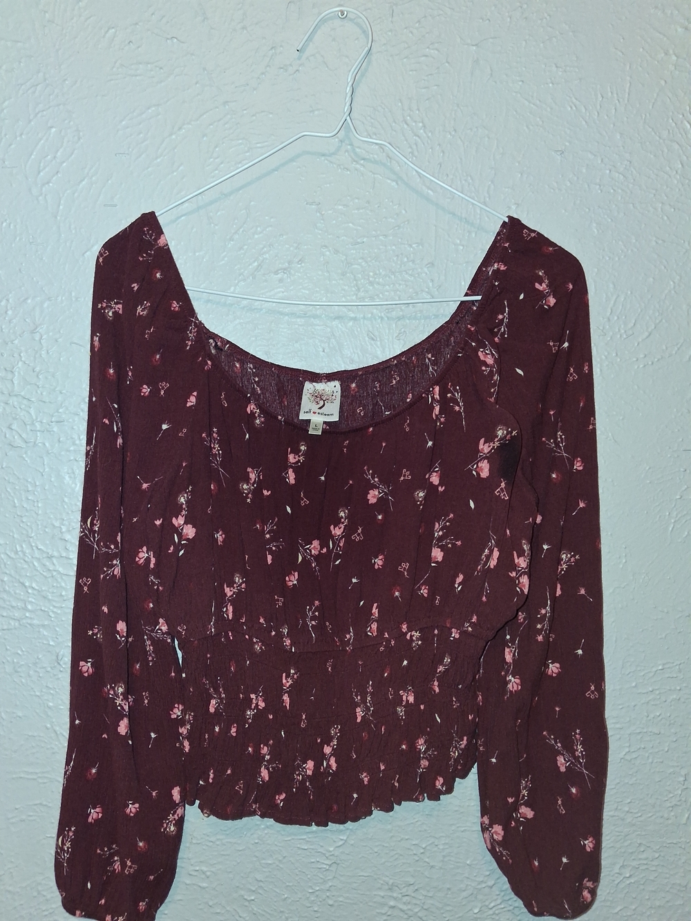 Self Esteem Maroon Floral Peasant Blouse with Pink Accents